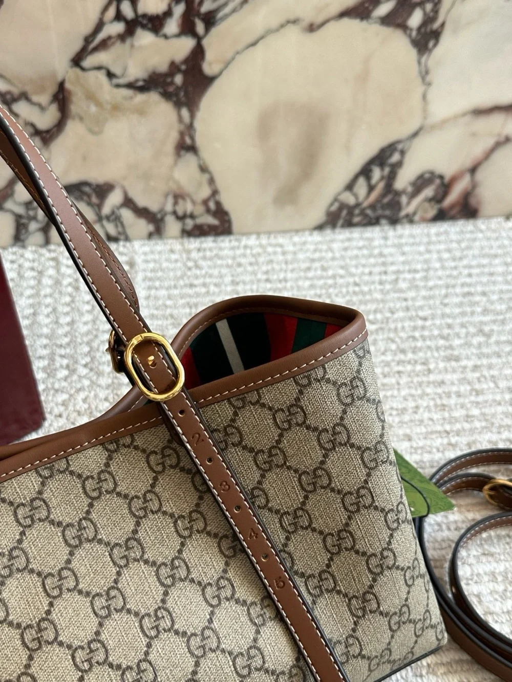 Gucci Beige GG Supreme Canvas Tote with Black Trim and Green-Red Webbing
